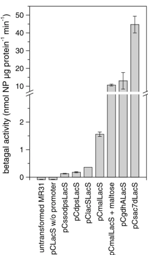Fig. 2 Comparison of the strength of different promoters in a b-galactosidase assay (mean of three replicates, error bars correspond to one standard deviation), names of the constructs are explained in Table 2