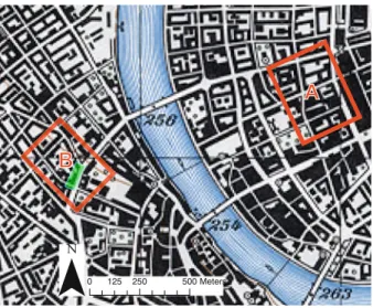 Fig. 1 Location of the two study sites in Basel, Switzerland. A indicates the computational domain for the sensitivity analysis