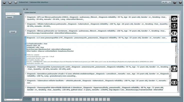 Fig. 5 List of cases returned by an exact text search. The user can preview the clinical parameters of the patients with three levels of importance.