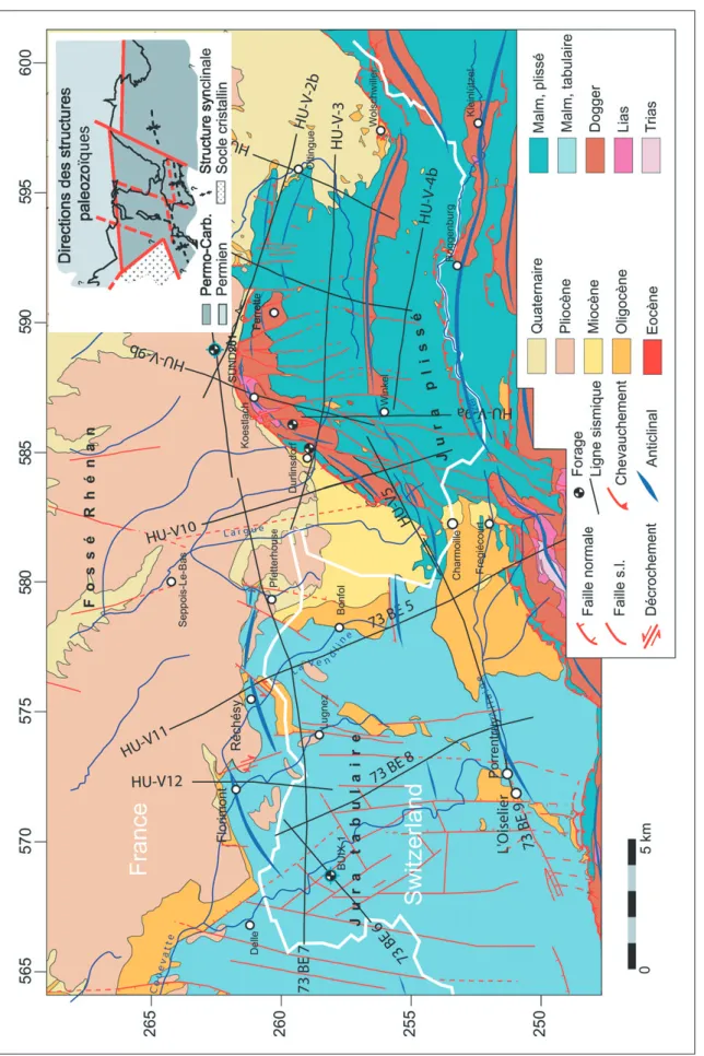 Fig. 7.Carte tectonique de la partie nord du Jura avec les différents bassins tertiaires et la partie sud du fossé rhénan; en haut à droite: système présumé des failles permo-carbonifères, d’après Diebold 1989, fortement modifié d’après nos propres observa