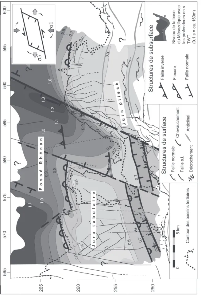 Fig. 8.Carte montrant la profondeur de la base des dépôts mésozoïques en seconde TWT (two-way-travel-time); en haut à droite: modèle kinématique et champs de contrainte contrôlant la sédimen- tation en Ajoie (d’après Schumacher 2002).