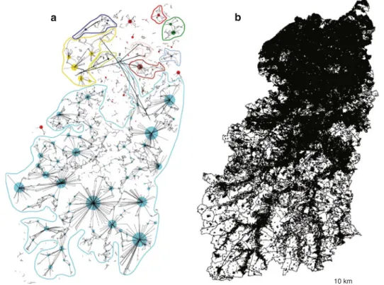Fig. 6 Map (a) of the 9 main components (surrounded by lines) and possible links (black lines) between suitable habitats (represented by circles with various diameters according to their areas)