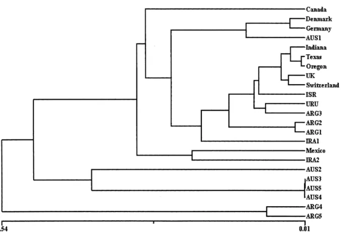 Figure 1. UPGMA phenogram based on Nei’s genetic distance (1978) among M. graminicola populations from ﬁve continents.