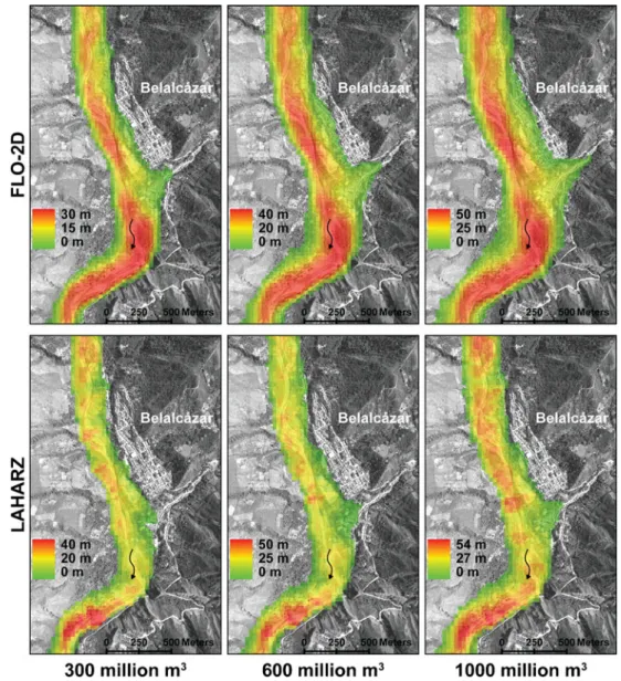 Fig. 11 Modeled inundation depths for the Belalcázar region as modeled with FLO-2D and LAHARZ for scenarios of 300 million, 600 million and 1 billion m 3