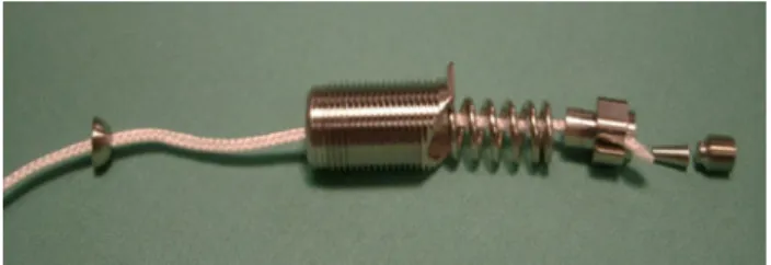 Fig. 1 The DIS device consisting of a threaded sleeve (10 9 25 mm) housing a preloaded spring, a metal anchor for securing the braided wire on the tibial side, and a metal button to secure the femur side