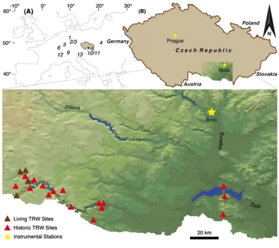 Fig. 2 A Temporal distribution of the 117 living (Liv; green) and 165 historic (Hist; red) TRW series, and their corresponding pith-offset (po; gray)