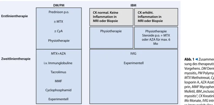 Abb. 1  9  Zusammenfas- Zusammenfas-sung des therapeutischen  Vorgehens. DM  Dermato-myositis, PM PolyDermato-myositis,  MTX Methotrexat, CyA  Cyc-losporin A, AZA  Azathio-prin, MMF Mycophenolat  Mofetil, IBM „inclusion body  myositis“, CK Kreatinkinase,  