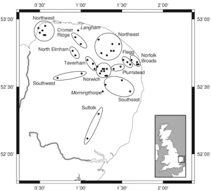 Fig. 1 A map of East Anglia showing the manors providing grain harvest date information