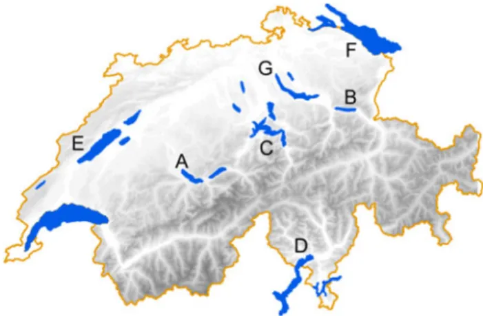 Fig. 1 Sampling sites: a Lake Thun, b Lake Walen, c Lake Lucerne, d Lake Maggiore, e Lake Neuchatel, f Lake Constance, g Lake Zurich