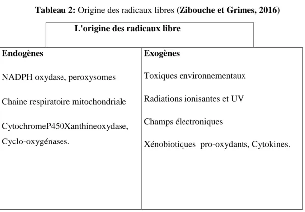 Tableau 2: Origine des radicaux libres (Zibouche et Grimes, 2016)  L'origine des radicaux libre 