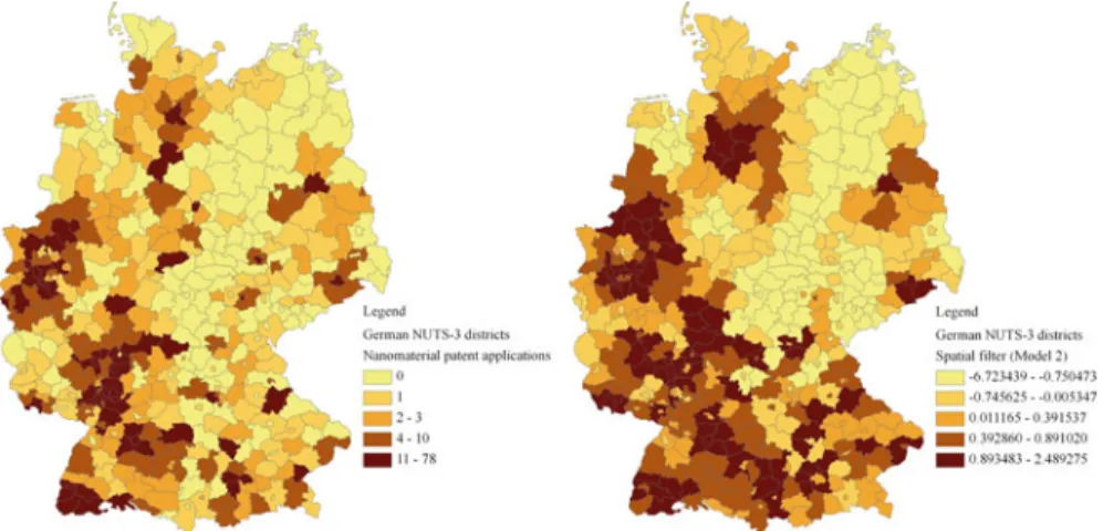 Fig. 3 Comparison between the geographical distributions of nanomaterial patent applications (left) and of the spatial filter computed for Model 2 (right)