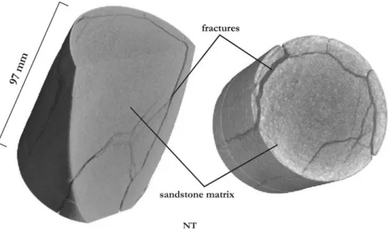 Fig. 6 Comparative sagittal XRCT (left) and NT slices (right) of fractured sample CT3-ma