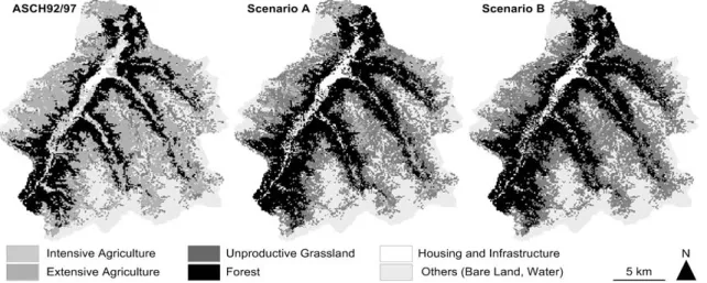 Fig. 7 Map of land use today (ASCH92/97: survey of 1997) and in the simulations for the year 2050