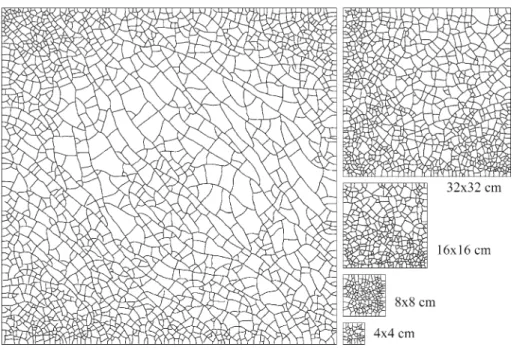 Fig. 5 Desiccation crack patterns in specimens from 4 × 4 × 4 to 64 × 64 × 4 cm (unconnected patterns)