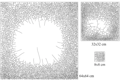 Fig. 8 Highly non-uniform crack-patterns in a 32 × 32 × 4 and a 64 × 64 × 4 cm specimen