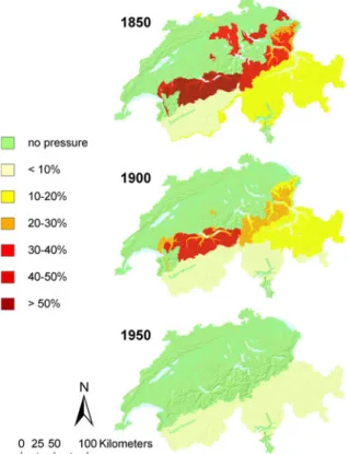 Fig. 2 Proportion of forests below 1,800 masl to be raked in order to accommodate the local demand for forest litter in 1850, 1900 and 1950