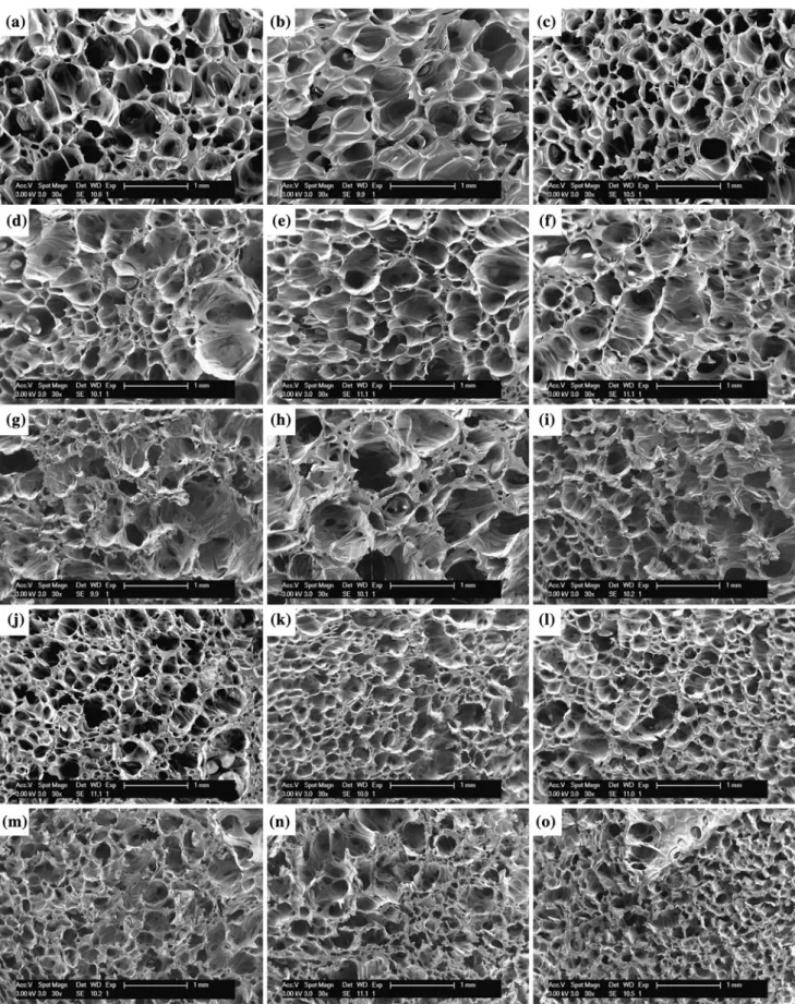 Fig. 6 SEM micrographs of the surface of PLLA foams with 0, 2, and 4.17 vol% of nHA, produced under the conditions shown in Table 1: a–c foam E with 0, 2 and 4.17 vol% nHA; d–f foam F with