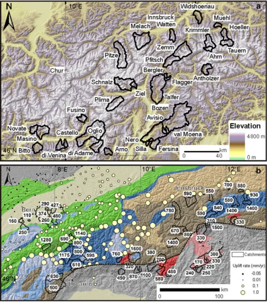 Fig. 2 a Eastern Alps drainage basins sampled for the new data shown here. b Central and Eastern European Alps basins showing denudation rates (mm ky -1 ) and rock uplift rates (mm year -1 ) and lithology.