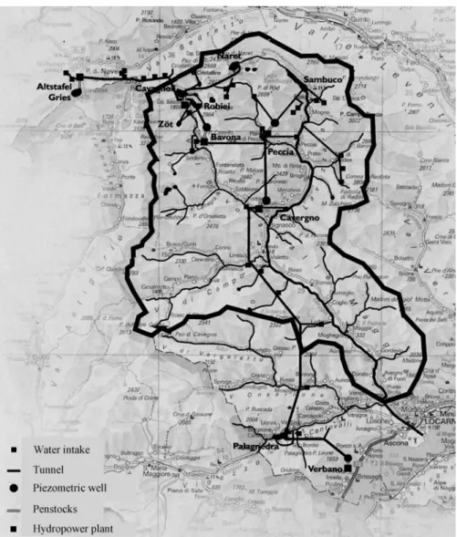 Figure 2. Map of the OFIMA hydropower plants and natural river network. The bold line indicates the contours of the Maggia river basin.