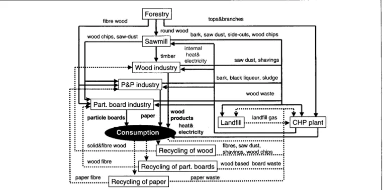 Fig.  2  illustrates  the  whole  wood  chain  with  its  different  interlinkages of material and energy flows