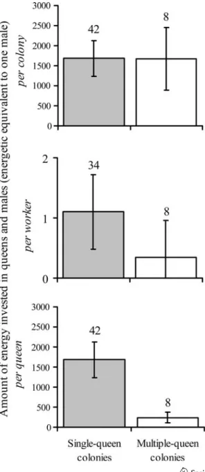Fig. 4 Amount of energy (estimation expressed in energetic equivalent of one male) invested in queens and males per colony, per worker and per queen in single-queen (grey bars) and multiple-queen colonies