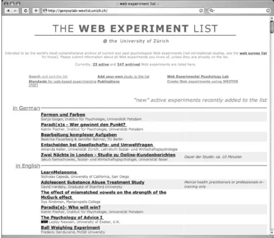 Figure 1. Main page of the Web Experiment List Web site, with lists of new, older active, and archived Web experiments in English and German