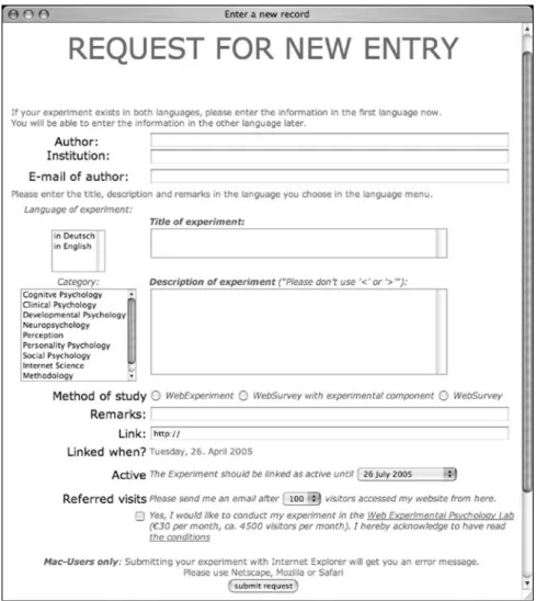Figure 2. The request for new entry form, with fields for information about the Web study and configurable options.