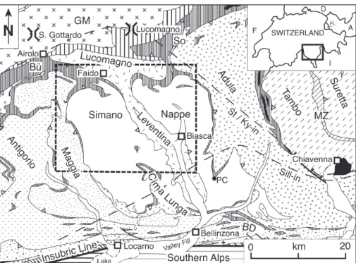 Fig. 1. Map of the Central Alps of Switzerland modified after Spicher (1980). The study area is bounded by the dashed line
