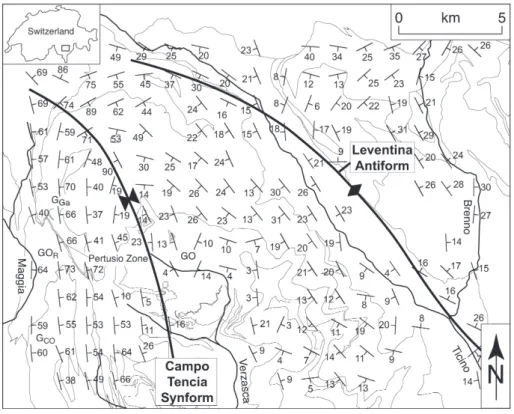 Fig. 5. Map of S 2 foliations in the study area. 2016 field measurements of S 2 were averaged through inverse distance weighted spatial averaging with the program SpheriStat