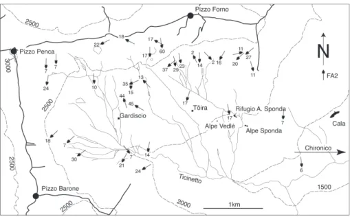Fig. 7. Map of fold axes FA 2 in the upper Val Chironico. The FA 2 fold axes are often oblique to the L 2 lineations in this region (compare with Fig.