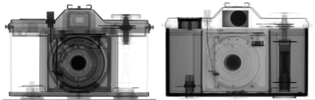 Fig. 1 The X-ray image (left) showing more the metallic parts and the neutron image (right) showing more the plastic parts (like the film reel) of a pocket camera