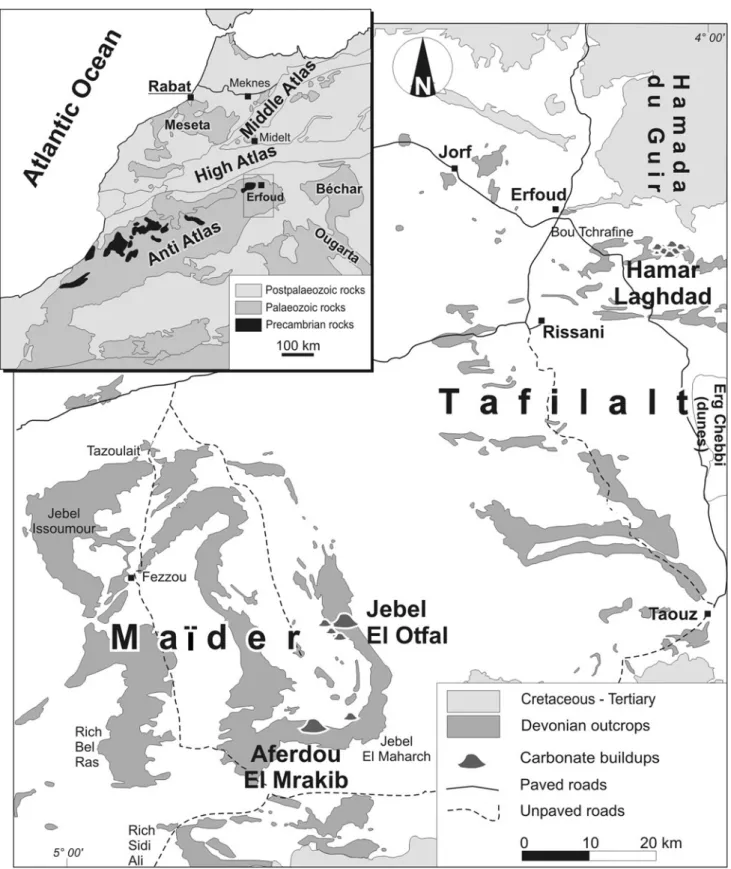 Fig. 1 Map showing the localisation of the reef mound Aferdou El Mrakib and other carbonate build-ups in the Maı¨der (modified after Klug 2002)