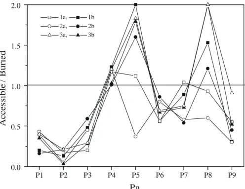 Fig. 4. Ratio of accessible to buried surface area for relaxed MD time-averaged conformations