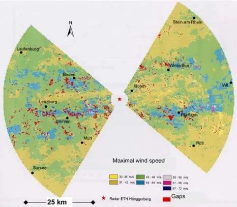 Fig. 2 Pattern of the maximum wind speeds at 1,000 m elevation, assessed from Doppler radar data during