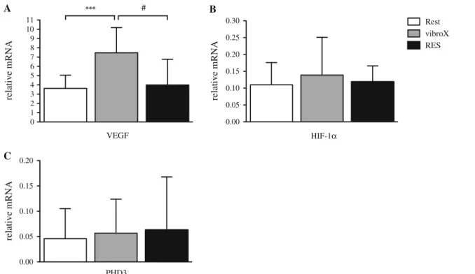 Fig. 4 Alterations in HKII (a), CS (b), LDHA (c), and PFKm (d) mRNA abundances 3 h after a single bout of vibroX or RES relative to resting levels