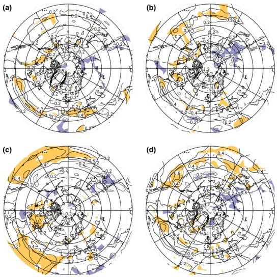 Fig. 8 Difference of 90 percentile of the 1,000 hPa wind speedð ﬃﬃﬃﬃﬃﬃﬃﬃﬃﬃﬃﬃﬃﬃﬃ