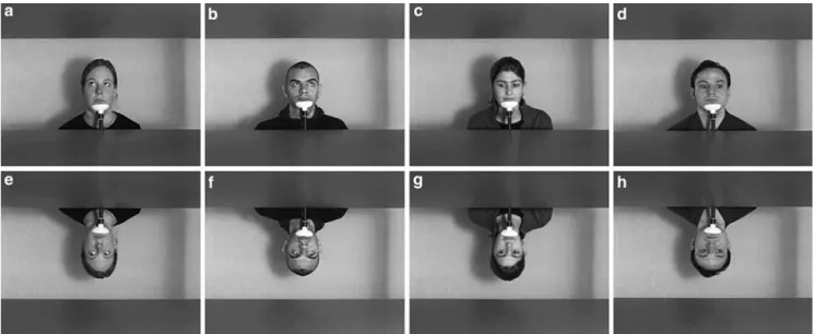 Fig. 1 Examples of stimuli used in the whole-face condition: a–d upright, e–h inverted (vertical ﬂip)