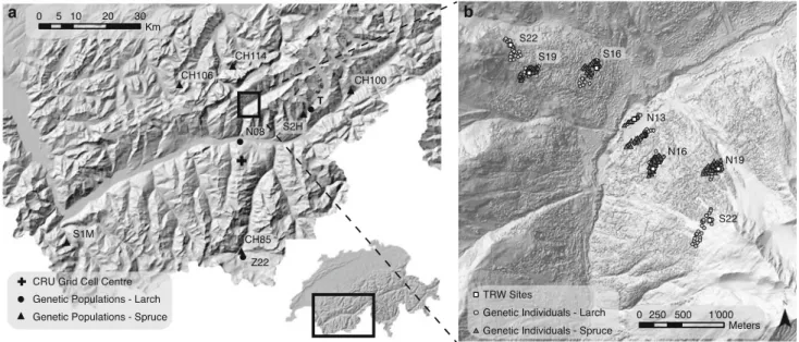 Fig. 1 a Regional relief map showing the location of the sampling area (black rectangle) and the regional genetics sampling populations in filled black circles (Larix decidua) and filled black triangles (Picea abies)