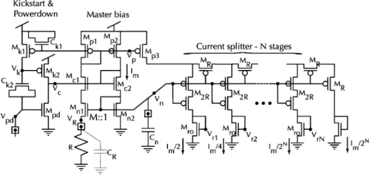 Fig. 1. Bias generator core circuits. I m is the master current, and R is the external resistance