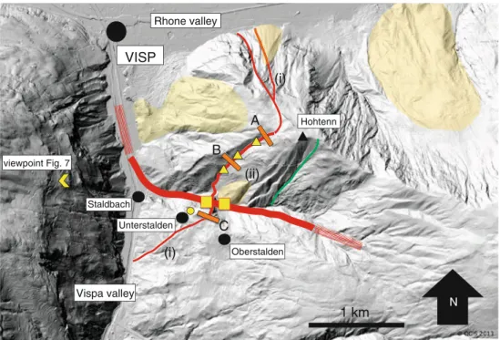 Fig. 1 LIDAR/Swisstopo DTM image of the survey investigation area, to the southeast of the town of Visp, in the Rhone valley at the north end of the Vispa valley (Valais, Switzerland)