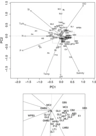 Fig. 2 Principal Components Analysis of the environmental data. Boxed region in the upper panel expanded below
