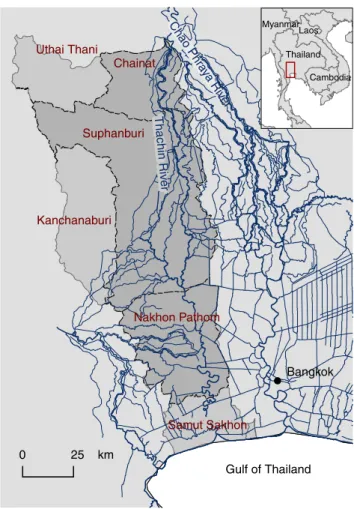 Fig. 1 Thachin River Basin and its main provinces, located in Central Thailand; dark gray = modeled area, light gray = total basin area [GIS sources: PCD (1995), Kasetsart University and IRD (1996)]