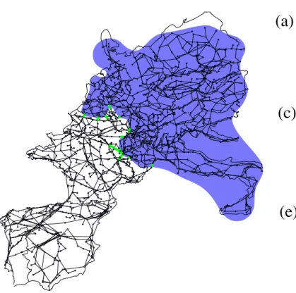 Fig. 4. (Color online) Critical partition of the European net- net-work. The shadowed area corresponds to the partition deﬁning the critical value of coupling (σ l A ) when the European  net-work is complete, and the links marked in green connect it to the