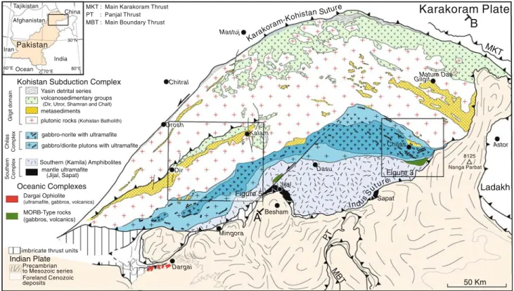 Fig. 1 Simplified geological map of the Kohistan Arc (work in progress). Frames = location of the studied Chilas and Dir-Kalam areas, Figs