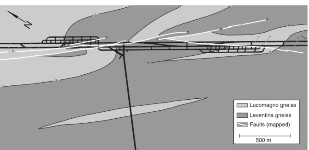 Fig. 2 Geologic map of the multifunction station MFS Faido. Lucomagno and Leventina gneisses are shown by light and dark gray colors, respectively.