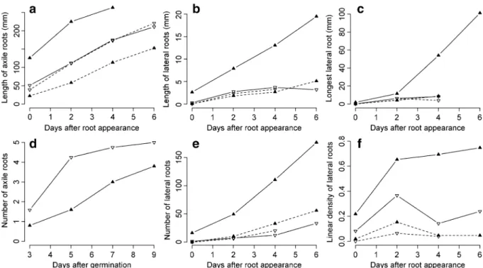 Fig. 10 Manual measurements of characteristics of the primary root (solid lines) and the first developing seminal root (dashed lines) of RIL 15 (closed triangles) and RIL 372 (open triangles) as dependent on time: lengths of the axile roots (a) the proxima