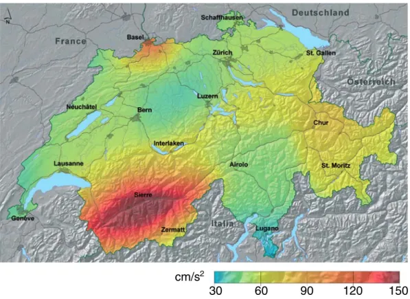 Fig. 11 Seismic hazard map of Switzerland depicting the level of horizontal ground motion in cm/s 2 (in units of 5% damped acceleration response spectrum at 5-Hz  fre-quency) expected to be reached or exceeded in a period of 475 years (10% exceedance chanc