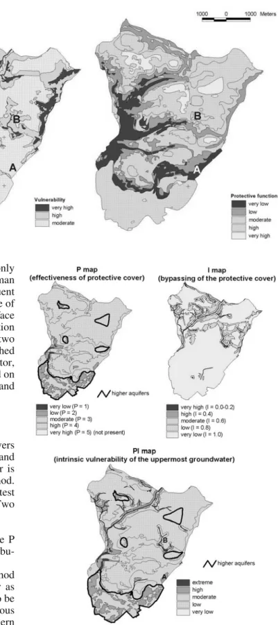 Fig. 9 The PI vulnerability map is made by overlying the P map and the I map. The vulnerability assessment at points A and B is discussed in the section Comparison of the Maps and compared with the results obtained using EPIK and the German method (see Fig