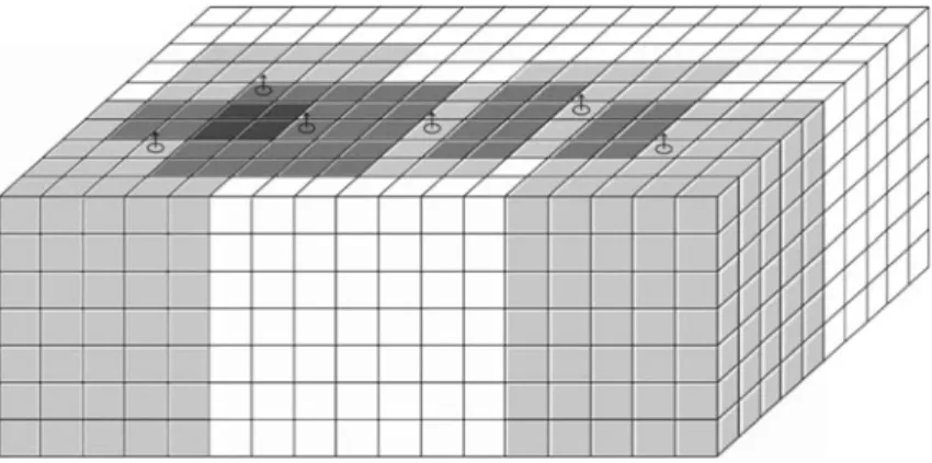 Fig. 10 The footprint (shaded regions show overlapping footprints) of an AEM exploration system is much smaller than the forward modeling domain (after Wilson et al