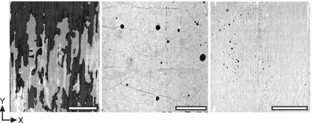 Fig. 10 Bond line imperfections from left to right: Starved PUR, cracked UF, and PVAC with multiple voids